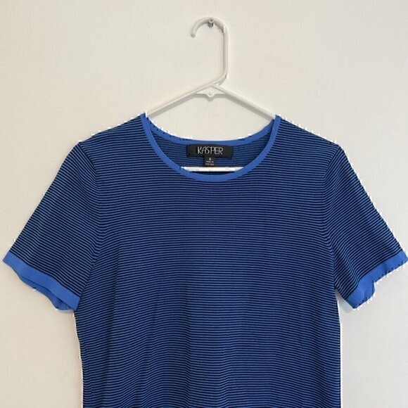 KASPER Blue Black Horizontal Striped Short Sleeve Office Preppy Knit Sweater Top - Picture 2 of 10